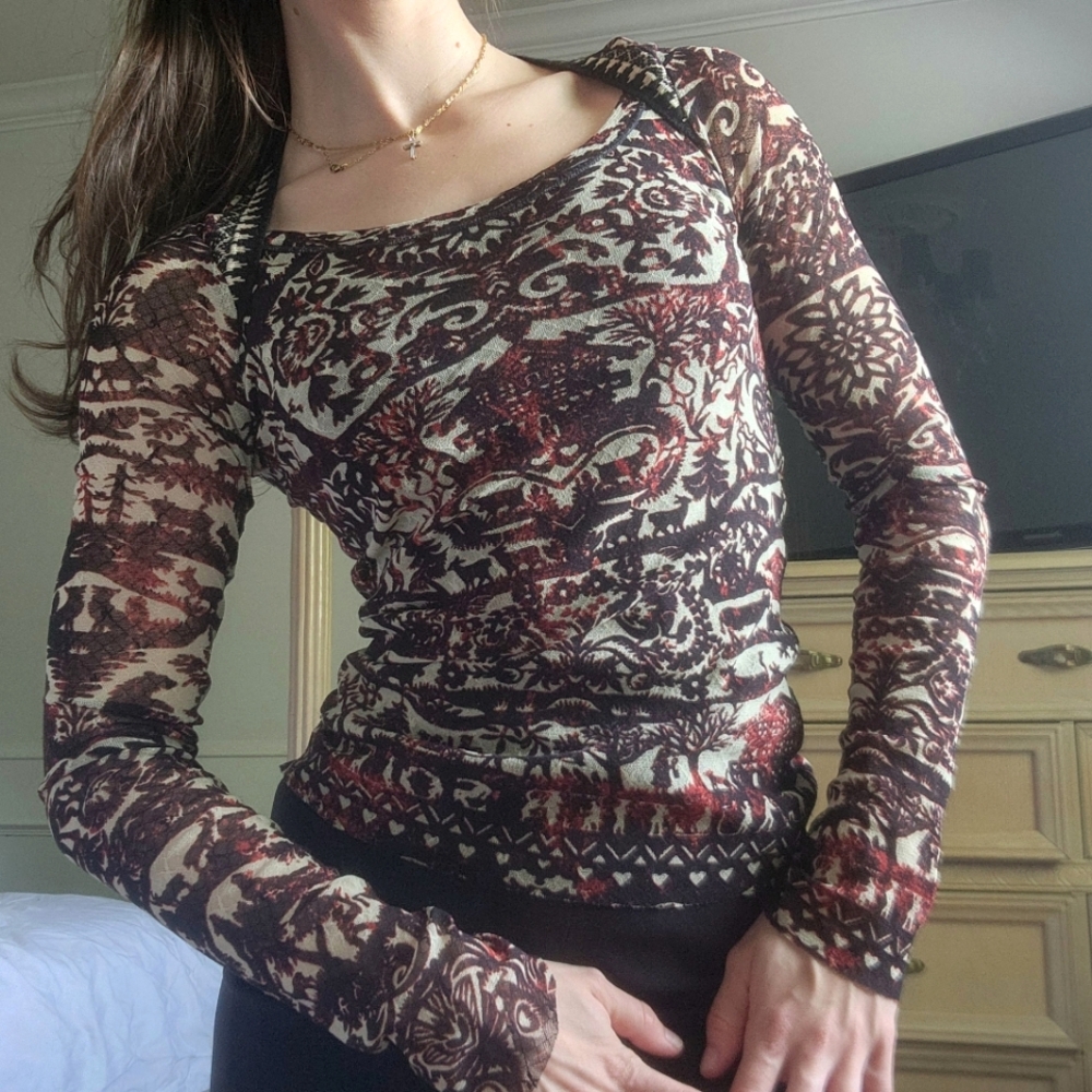 Rare Vintage Jean Paul Gaultier Soleil Tribal Tattoo Mesh Longsleeve Shirt (M)